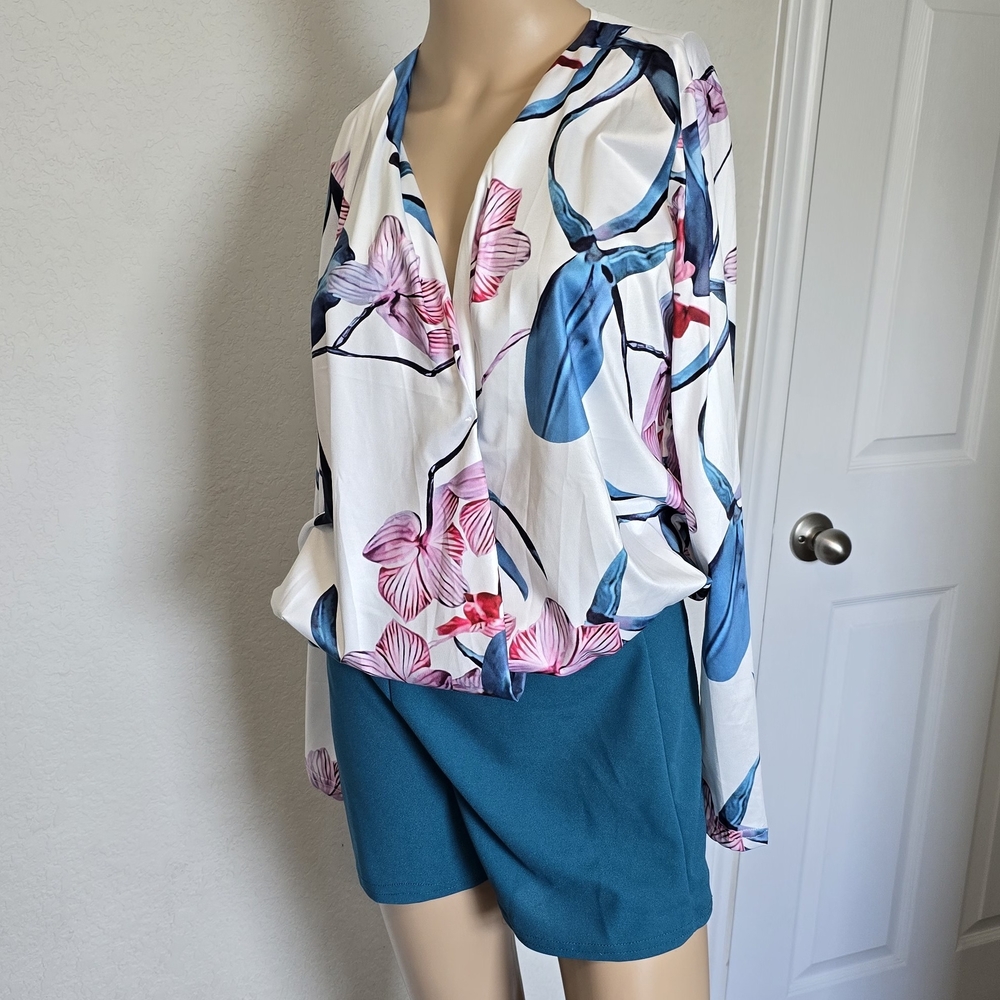 Floral Print Women's Top - White with Blue and Pink Accents